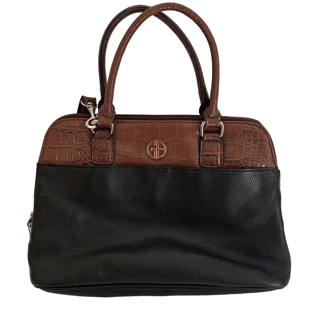 Gianni Bernini black leather w/brown faux leather trim bag with crossbody strap